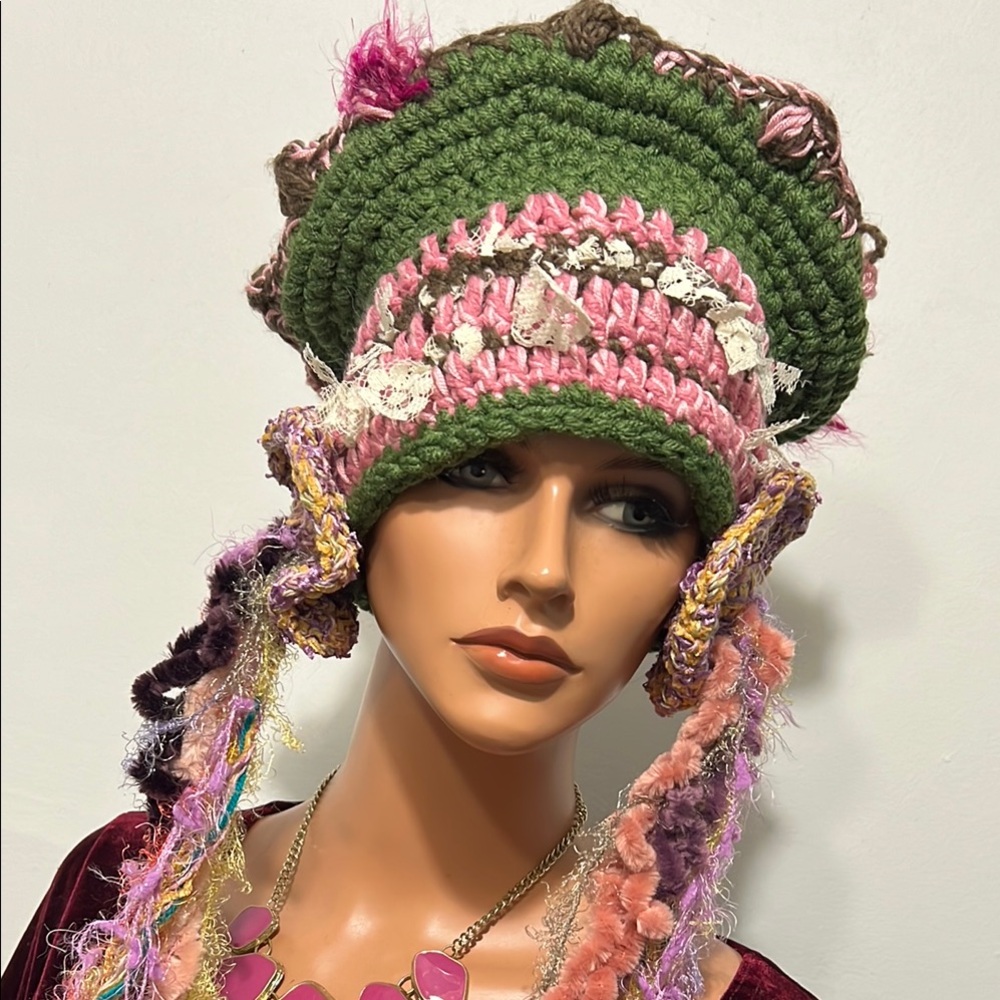 Handcrafted Green and Pink Crochet Hat